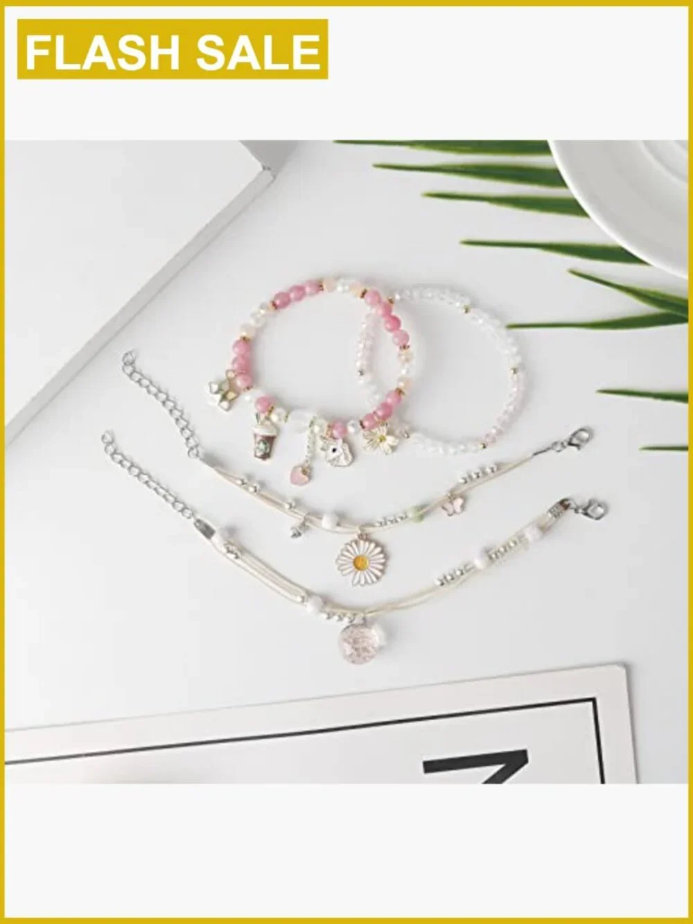 4Pcs Beaded Charm Bracelets Set for Girls Dainty Crystal Pearl Stretch